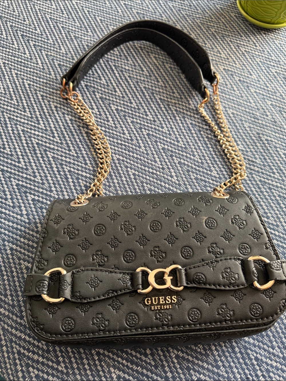 GUESS Black Mini Shoulder Bag with Gold Chain and Logo Hardware